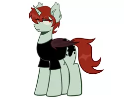 Size: 3445x2756 | Tagged: safe, artist:mxmx fw, derpibooru import, oc, oc:mxmx fw, unofficial characters only, bat pony, bat pony unicorn, hybrid, pony, unicorn, bat pony oc, bat wings, clothes, ear fluff, eyebrows, eyebrows visible through hair, fangs, horn, image, jpeg, male, redesign, sad, simple background, solo, white background, wings