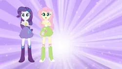 Size: 3410x1920 | Tagged: safe, derpibooru import, screencap, fluttershy, rarity, equestria girls, belt, blue eyes, boots, bracelet, clothes, cutie mark, cutie mark on clothes, duo, duo female, eg stomp, female, hairpin, high heel boots, image, jewelry, jpeg, looking at you, open mouth, open smile, shirt, shoes, skirt, smiling, socks