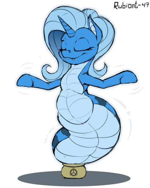 Size: 1600x2000 | Tagged: safe, artist:rubiont, derpibooru import, oc, oc:triksa, unofficial characters only, original species, pony, snake, snake pony, cute, dancing, eyes closed, fat, fat tail, horn, image, png, scp, scp foundation, simple background, smiling, snake pot, solo, tail, transparent background