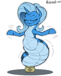 Size: 1600x2000 | Tagged: safe, artist:rubiont, derpibooru import, oc, oc:triksa, unofficial characters only, original species, pony, snake, snake pony, cute, dancing, eyes closed, fat, fat tail, horn, image, png, scp, scp foundation, simple background, smiling, snake pot, solo, tail, transparent background