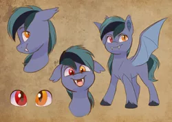 Size: 2048x1448 | Tagged: safe, derpibooru import, oc, oc:scrimmy, unofficial characters only, bat pony, bat pony oc, bat wings, fangs, gray coat, heterochromia, image, jpeg, looking at you, reference sheet, simple background, smiling, smiling at you, solo, wings