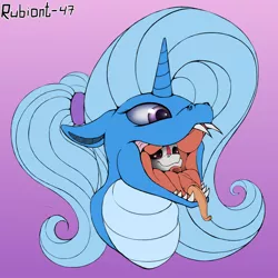 Size: 1500x1500 | Tagged: suggestive, artist:rubiont, derpibooru import, oc, oc:rubiont, oc:triksa, lamia, original species, pony, robot, robot pony, snake, snake pony, unicorn, bust, fangs, female, forked tongue, glottis, gradient background, heart eyes, image, lamiafied, mouth, not trixie, open mouth, png, portrait, smiling, species swap, swallowing, throat bulge, tongue out, tongue sheath, trixie predamoon, vore, wingding eyes