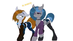 Size: 1920x1080 | Tagged: safe, artist:kpvt, derpibooru import, oc, oc:homage, oc:littlepip, pony, unicorn, fallout equestria, alternate design, boots, clothes, cyberpunk, ear piercing, female, garters, horn, image, jacket, jeans, lesbian, lip piercing, makeup, oc x oc, one ear down, pants, piercing, pipmage, png, shipping, shoes, shorts, simple background, small horn, socks, solo, sticker, stockings, thigh highs, transparent background