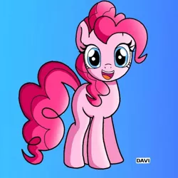 Size: 719x719 | Tagged: safe, artist:davisonic1, derpibooru import, pinkie pie, earth pony, pony, blue background, cute, female, full body, g4, hooves, image, jpeg, looking at you, mare, open mouth, open smile, signature, simple background, smiling, smiling at you, solo, standing, tail