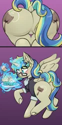 Size: 2000x4000 | Tagged: suggestive, artist:undeadcashew, author:bigonionbean, derpibooru import, carrot top, derpy hooves, golden harvest, mayor mare, minuette, oc, oc:queen fresh care, unofficial characters only, alicorn, pony, 2 panel comic, alicorn oc, blushing, butt, clothes, comic, commissioner:bigonionbean, cute, cutie mark, eating, embarrassed, featureless crotch, female, flank, food, fusion, fusion:queen fresh care, glasses, herbivore, horn, huge butt, image, large butt, levitation, looking at you, looking back, looking back at you, magic, mare, muffin, plate, plot, png, shocked, solo, tail, telekinesis, thicc ass, wings