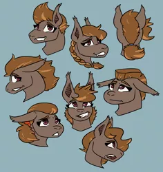 Size: 1844x1954 | Tagged: safe, artist:hiddenfaithy, derpibooru import, oc, oc:umber, unofficial characters only, bat pony, braid, bust, commission, facial expressions, hairstyle swap, image, png, ponytail, portrait, simple background
