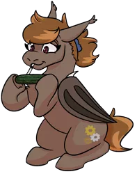 Size: 939x1189 | Tagged: safe, artist:hiddenfaithy, derpibooru import, oc, oc:umber, unofficial characters only, bat pony, commission, cucumber, drinking, drinking straw, food, holding, image, png, ponytail, simple background, transparent background