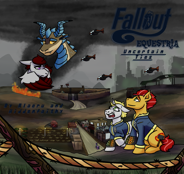 Size: 2000x1889 | Tagged: safe, artist:hiddenfaithy, derpibooru import, oc, oc:blaze, oc:comet, oc:misty sparks, oc:skyfire, unofficial characters only, dragon, earth pony, pegasus, pony, unicorn, fallout equestria, camp, city, cityscape, cover art, fallout equestria: uncertain ties, fanfic art, farm, fence, fimfiction.net link, fire, image, png, redraw, rope, ruins, shock, smoke, town, vertibuck