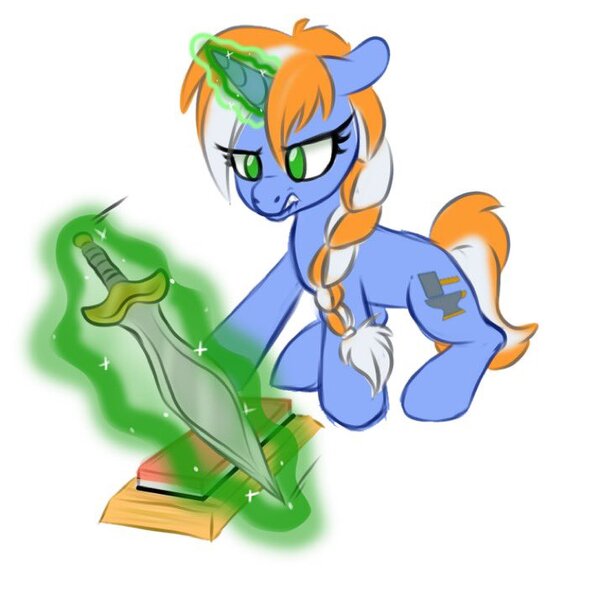 Size: 714x714 | Tagged: safe, artist:jen-neigh, derpibooru import, oc, oc:alloy shaper, unofficial characters only, unicorn, fallout equestria, fallout equestria: wasteland economics, braid, concentrating, fanfic art, female, image, jpeg, magic, simple background, sitting, solo, sword, telekinesis, weapon, whetstone, white background