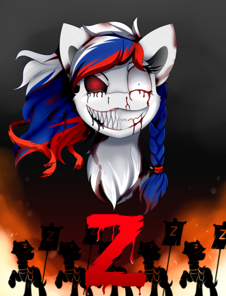 Size: 5250x6880 | Tagged: artist needed, source needed, semi-grimdark, derpibooru import, oc, oc:marussia, ponified, unofficial characters only, earth pony, pony, blood, bloodshot eyes, braid, current events, cyrillic, duality, female, fire, flag, hairband, image, insanity, looking at you, mare, nation ponies, nazi, png, politics, russia, russian, sharp teeth, teeth, z, zwastika