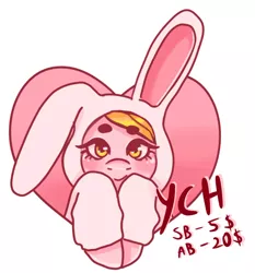 Size: 1620x1739 | Tagged: safe, artist:yumeicat, derpibooru import, oc, pony, advertisement, advertising, auction, auction open, avatar, bunny ears, commission, commissions open, cute, heart, icon, image, jpeg, onesie, pink, ych example, ych sketch, your character here
