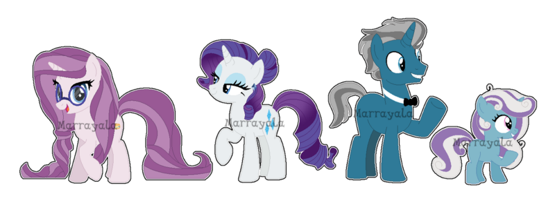 Size: 1280x460 | Tagged: safe, artist:marrayala, derpibooru import, fashion plate, rarity, oc, oc:beryl, oc:eveline barrette, pony, unicorn, base used, bowtie, family, female, filly, foal, glasses, image, male, mare, offspring, parent:fashion plate, parent:rarity, parents:rariplate, png, rariplate, shipping, simple background, stallion, straight, transparent background, watermark