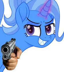 Size: 482x543 | Tagged: safe, alternate version, artist:thatusualguy06, derpibooru import, oc, oc:derpthereum, ponified, unofficial characters only, pony, unicorn, derpibooru, .svg available, absurd resolution, april fools, april fools 2022, delet this, derpibooru exclusive, derpibooru ponified, derpthereum, fangs, female, grin, gun, hand, horn, image, looking at you, mare, meta, movie accurate, not trixie, png, profile picture, red eyes, red eyes take warning, shadow, sharp teeth, simple background, smiling, smiling at you, solo, suddenly hands, tail, teeth, transparent background, two toned mane, two toned tail, vector, weapon