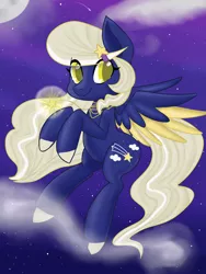 Size: 768x1024 | Tagged: safe, artist:noriyoriyaki, derpibooru import, oc, oc:starfall, pegasus, pony, blonde mane, blonde tail, coat markings, colored pupils, colored wings, eye clipping through hair, female, flying, glow, hairclip, image, jewelry, link in description, long mane, mare, mist, moon, necklace, night, night sky, pegasus oc, png, sky, smiling, socks (coat marking), stars, striped mane, striped tail, tail, two toned wings, wings, yellow eyes