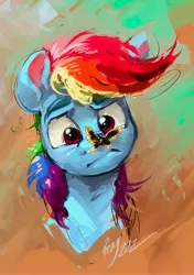 Size: 3770x5353 | Tagged: safe, artist:rigbyh00ves, derpibooru import, rainbow dash, butterfly, insect, pegasus, pony, abstract background, bust, butterfly on nose, image, insect on nose, jpeg, solo