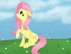 Size: 1280x960 | Tagged: safe, artist:sashamoon0567, derpibooru import, fluttershy, pegasus, pony, female, floppy ears, flower, folded wings, grass, hair accessory, image, looking up, mare, outdoors, png, profile, raised hoof, sitting, solo, wings