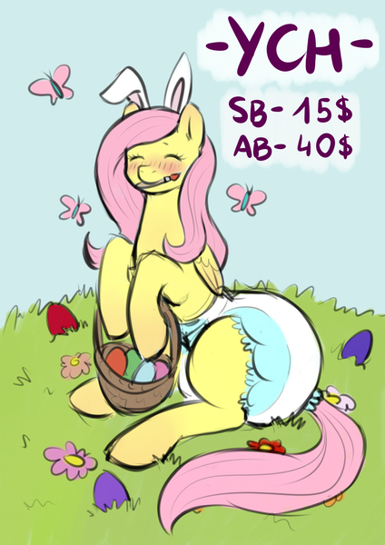 Size: 2480x3507 | Tagged: questionable, derpibooru import, fluttershy, butterfly, insect, pegasus, pony, advertisement, auction, auction open, basket, blushing, brush, bunny ears, colorful, commission, commission info, cute, diaper, diaper fetish, ear blush, ears up, easter, easter basket, easter bunny, easter egg, egg, eyelashes, female, fetish, flower, folded wings, grass, holiday, image, long hair, long mane, long tail, mare, png, shy, sitting, sketch, sky, smiling, solo, solo female, tail, wings, ych example, ych sketch, your character here, your character here auction