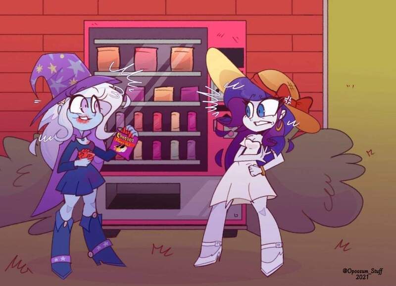 Size: 1024x740 | Tagged: safe, artist:opossum-stuff, derpibooru import, rarity, trixie, equestria girls, cheetos, image, jpeg