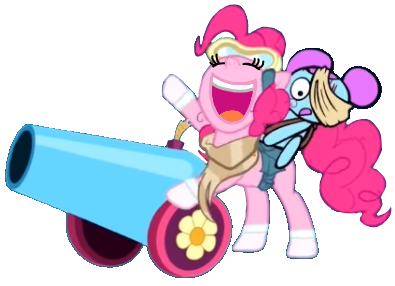 Size: 395x286 | Tagged: safe, artist:jakeneutron, derpibooru import, pinkie pie, earth pony, pony, bag, bandage, cannon, clothes, dusk till dawn, eyes closed, friday night funkin', goggles, hair bun, image, open mouth, party cannon, pibby, png, riding a pony, saddle bag, scarf, scratches, simple background, smiling, socks, transparent background, volumetric mouth