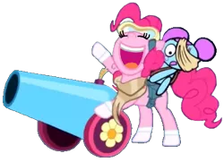 Size: 395x286 | Tagged: safe, artist:jakeneutron, derpibooru import, pinkie pie, earth pony, pony, bag, bandage, cannon, clothes, dusk till dawn, eyes closed, friday night funkin', goggles, hair bun, image, open mouth, party cannon, pibby, png, riding a pony, saddle bag, scarf, scratches, simple background, smiling, socks, transparent background, volumetric mouth