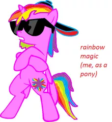 Size: 561x615 | Tagged: safe, artist:rainbowmagic6444, derpibooru import, edit, oc, unofficial characters only, alicorn, pony, bipedal, cap, crossed hooves, donut steel, glasses, hat, image, jpeg, simple background, solo, sunglasses, white background