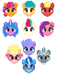 Size: 1178x1520 | Tagged: safe, derpibooru import, hitch trailblazer, izzy moonbow, phyllis cloverleaf, pipp petals, queen haven, sprout cloverleaf, sunny starscout, zipp storm, earth pony, pegasus, pony, unicorn, spoiler:g5, alphabittle blossomforth, argyle starshine, g5, image, mane five (g5), pixel art, png, simple background, white background