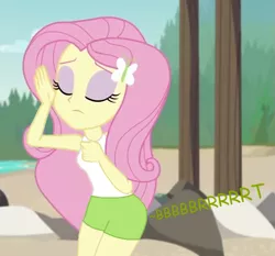 Size: 687x640 | Tagged: suggestive, artist:thedarkpony, derpibooru import, edit, edited screencap, screencap, fluttershy, equestria girls, equestria girls series, unsolved selfie mysteries, clothes, cropped, fart, fart edit, fart noise, female, image, onomatopoeia, png, shorts, sound effects