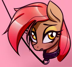 Size: 1603x1495 | Tagged: suggestive, artist:jetwave, derpibooru import, oc, oc:dala vault, unofficial characters only, earth pony, pony, bust, collar, earth pony oc, eyeshadow, female, image, leash, makeup, mare, pet play, pink background, png, portrait, simple background, slave