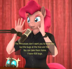 Size: 2276x2160 | Tagged: safe, artist:dongly12, derpibooru import, pinkie pie, anthro, changeling, changeling larva, plantigrade anthro, 3d, alex jones, clothes, cute, cuteling, image, meme, microphone, png, ponified meme, revamped anthros, shirt, solo, source filmmaker, text