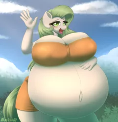 Size: 1656x1719 | Tagged: suggestive, artist:puetsua, derpibooru import, oc, oc:bountiful fields, unofficial characters only, anthro, earth pony, bedroom eyes, belly, belly button, big belly, big breasts, blushing, breasts, clothes, commission, digital art, erect nipples, female, huge belly, huge breasts, hyper, hyper belly, hyper pregnancy, image, impossibly large belly, looking at you, nipple outline, open mouth, outie belly button, png, pregnant, shorts, solo, tail, tanktop, waving, ych result