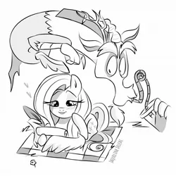 Size: 1920x1920 | Tagged: safe, artist:naquelinedelch2, derpibooru import, discord, fluttershy, draconequus, pegasus, pony, blushing, crazy straw, drawing, drink, duo, female, grayscale, heart, image, implied shipping, in love, jpeg, mare, monochrome, secret admirer, signature, simple background, spying, straw, white background, wing hands, wings, writing