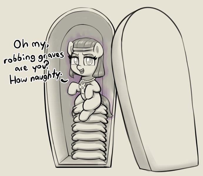 Size: 1932x1678 | Tagged: safe, artist:heretichesh, derpibooru import, oc, oc:mummydew, unofficial characters only, earth pony, pony, ankh, female, filly, foal, image, jpeg, monochrome, partial color, pillow, sarcophagus, solo, talking to viewer