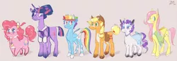 Size: 3625x1262 | Tagged: safe, artist:zamalie, derpibooru import, applejack, fluttershy, pinkie pie, rainbow dash, rarity, twilight sparkle, classical unicorn, earth pony, pegasus, pony, unicorn, alternate design, bag, blush sticker, blushing, body freckles, choker, cloven hooves, coat markings, diverse body types, facial markings, female, freckles, glasses, headband, height difference, hooves, image, leonine tail, mane six, mare, multicolored hooves, pale belly, png, redesign, saddle bag, shawl, short, snip (coat marking), sweatband, sweater vest, tall, twitterina design, unicorn twilight, unshorn fetlocks