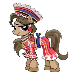 Size: 4000x4000 | Tagged: safe, artist:wenraz, derpibooru import, oc, oc:reyna, unofficial characters only, earth pony, pony, belt, clothes, derpibooru exclusive, ear piercing, earring, female, filipino, hat, image, jewelry, mare, midriff, necklace, philippines, piercing, png, shirt, simple background, skirt, solo, transparent background, unshorn fetlocks