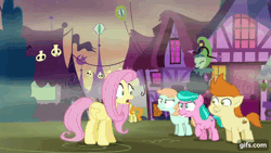 Size: 640x360 | Tagged: safe, derpibooru import, edit, edited screencap, editor:quoterific, screencap, carrot top, cherry berry, fluttershy, gallop j. fry, golden harvest, earth pony, pegasus, pony, scare master, season 5, animated, cartoon physics, colt, dust cloud, female, filly, foal, gif, image, laughing, male, mare, nightmare night, running, scared