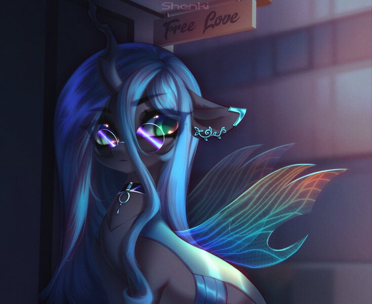 Size: 2108x1723 | Tagged: safe, artist:tomness, derpibooru import, queen chrysalis, changeling, choker, eye clipping through hair, female, glasses, image, jpeg, solo