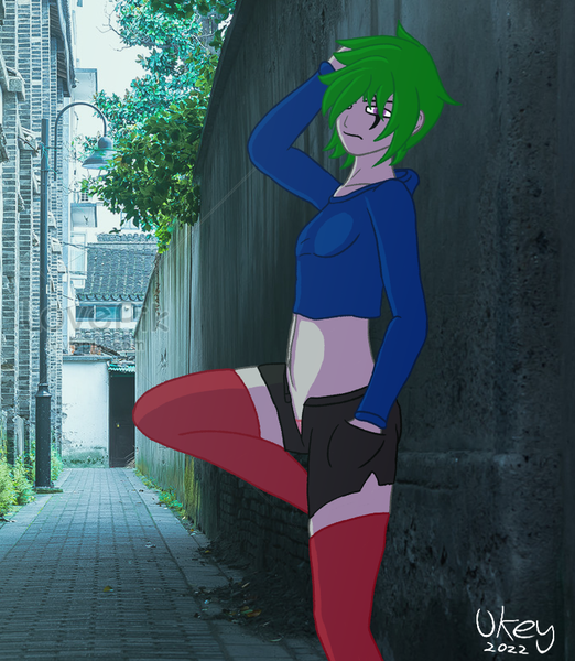 Size: 804x924 | Tagged: safe, artist:ukedideka, derpibooru import, oc, oc:quizzical aphre, unofficial characters only, human, arm behind head, background, clothes, female, frown, hand in pocket, hoodie, humanized, humanized oc, image, leaning, leaning on wall, looking at you, outdoors, photo, png, shorts, signature, socks, solo, thigh highs, tired, unbuttoned