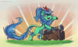 Size: 1280x779 | Tagged: safe, artist:xnanchox, derpibooru import, oc, oc:lex rudera, unofficial characters only, kirin, age of empires, cannon, g4, glasses, image, jpeg, kirin oc, male, quadrupedal, raised leg, solo