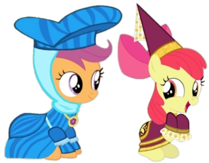 Size: 720x560 | Tagged: safe, artist:darlycatmake, derpibooru import, edit, edited screencap, screencap, apple bloom, scootaloo, earth pony, pegasus, pony, for whom the sweetie belle toils, background removed, big smile, clothes, dress, dressup, duo, duo female, excited, female, filly, foal, getting dressed, happy, hennin, image, lesbian, looking at each other, looking at someone, mare, png, proud, scootabloom, shipping, sitting, smiling, smiling at each other