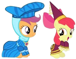 Size: 720x560 | Tagged: safe, artist:darlycatmake, derpibooru import, edit, edited screencap, screencap, apple bloom, scootaloo, earth pony, pegasus, pony, for whom the sweetie belle toils, background removed, big smile, clothes, dress, dressup, duo, duo female, excited, female, filly, foal, getting dressed, happy, hennin, image, lesbian, looking at each other, looking at someone, mare, png, proud, scootabloom, shipping, sitting, smiling, smiling at each other