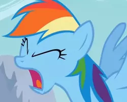 Size: 473x380 | Tagged: safe, derpibooru import, screencap, rainbow dash, pegasus, pony, season 1, sonic rainboom (episode), eyes closed, female, frown, image, jpeg, louder, mare, multicolored hair, open mouth, screaming, solo, spread wings, wings, youtube link