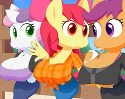 Size: 600x473 | Tagged: suggestive, artist:slickehedge, ponybooru import, apple bloom, scootaloo, sweetie belle, anthro, earth pony, pegasus, unicorn, bendy straw, breasts, busty apple bloom, busty scootaloo, busty sweetie belle, clothes, cup, cutie mark crusaders, drink, drinking, drinking straw, female, image, jewelry, jpeg, necklace, oppai loli, straw, trio