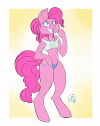 Size: 1638x2048 | Tagged: suggestive, artist:mealwhorm, derpibooru import, pinkie pie, earth pony, semi-anthro, arm hooves, blue underwear, bra, breasts, cheek fluff, clothes, delicious flat chest, female, grin, image, jpeg, panties, short shirt, signature, simple background, smiling, solo, solo female, underwear