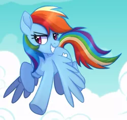 Size: 923x871 | Tagged: safe, artist:oddysies, derpibooru import, rainbow dash, pegasus, pony, cloud, female, flying, image, jpeg, mare, sky, smiling, solo, spread wings, wings