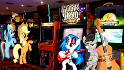 Size: 1465x828 | Tagged: safe, artist:greywolf2021, derpibooru import, applejack, octavia melody, rainbow dash, vinyl scratch, earth pony, pegasus, pony, unicorn, applejack's hat, arcade, cello, cowboy hat, electric guitar, female, guitar, guitar hero, hat, image, irl, jpeg, mare, musical instrument, photo, ponies in real life