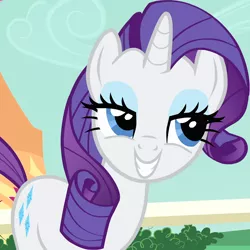 Size: 666x666 | Tagged: safe, derpibooru import, edit, edited screencap, screencap, rarity, pony, unicorn, season 1, the best night ever, creepy, cropped, cutie mark, day, female, grin, image, lidded eyes, mare, outdoors, png, purple mane, scary, smiling, solo