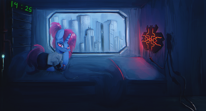 Size: 2475x1335 | Tagged: safe, artist:menalia, derpibooru import, oc, oc:niroh fatal, unofficial characters only, cyborg, cyborg pony, pony, unicorn, amputee, bed, blanket, clothes, cyberpunk, dark room, female, image, lying down, mare, pants, pillow, png, prosthetic leg, prosthetic limb, prosthetics, room, shirt, t-shirt, thinking, time, window, wires