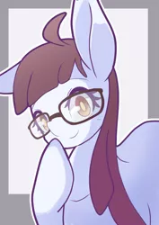 Size: 1191x1684 | Tagged: safe, artist:sc_kis_rko, derpibooru import, oc, oc:nanashi-chan, unofficial characters only, pony, bust, cute, female, glasses, gray background, image, jpeg, looking at you, mare, simple background, smiling, smiling at you, solo