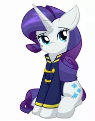 Size: 1800x2300 | Tagged: safe, artist:geraritydevillefort, derpibooru import, rarity, pony, unicorn, the count of monte rainbow, clothes, female, horn, image, jpeg, looking at you, mare, rarifort, simple background, sitting, solo, the count of monte cristo, villefort, white background