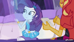 Size: 640x360 | Tagged: safe, derpibooru import, screencap, rarity, sunset shimmer, driving miss shimmer, equestria girls, equestria girls series, animated, bracelet, clothes, cute, dancing, driving miss shimmer: rarity, duo, duo female, female, geode of shielding, gif, gifs.com, hairpin, image, jewelry, leather, leather vest, magical geodes, raribetes, rarity peplum dress, sleeveless, smiling, spotlight, vest